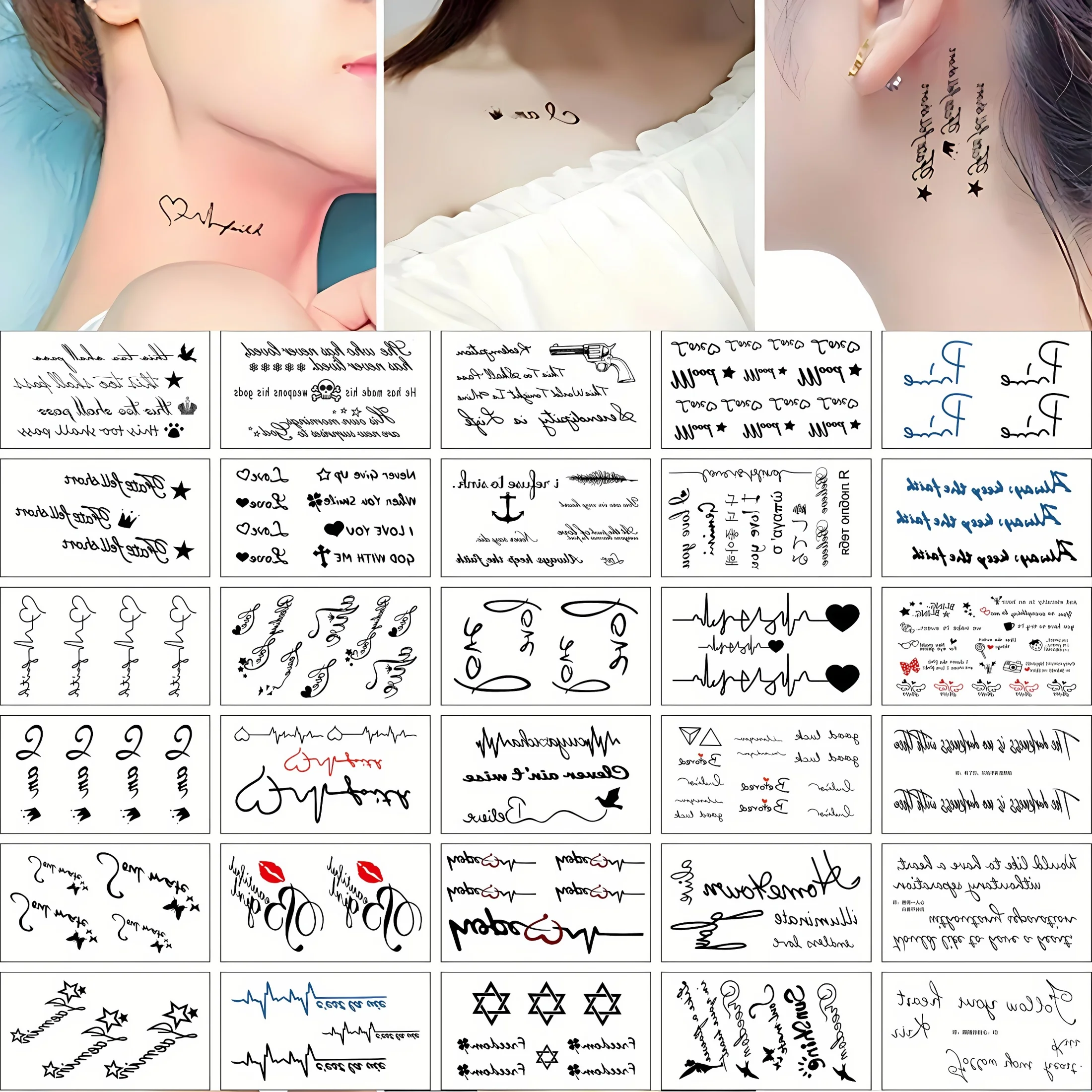 30pcs/set Transfer Tattoos for Women Men Quote Text Electrocardiogram Tiny Heart Star Anchor Tattoos Sticker Decor Wrist Body