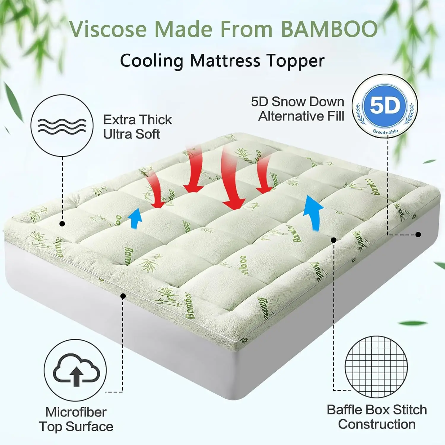Ultra Soft Bamboo Mattress Topper, Pillow Top Pad with Deep Pockets, Cooling Breathable Material for Back Pain Relief