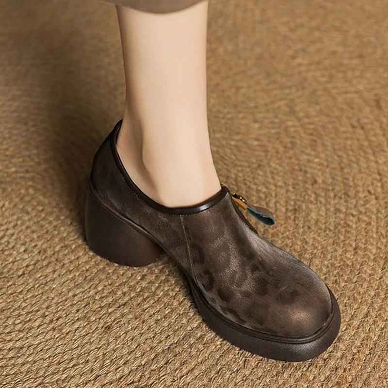 

Leopard Print Platform Loafers Zipper Sheep Leather Woman Shoes Round Toe High Heel Women Pumps Shoes for Women Fashion TE16