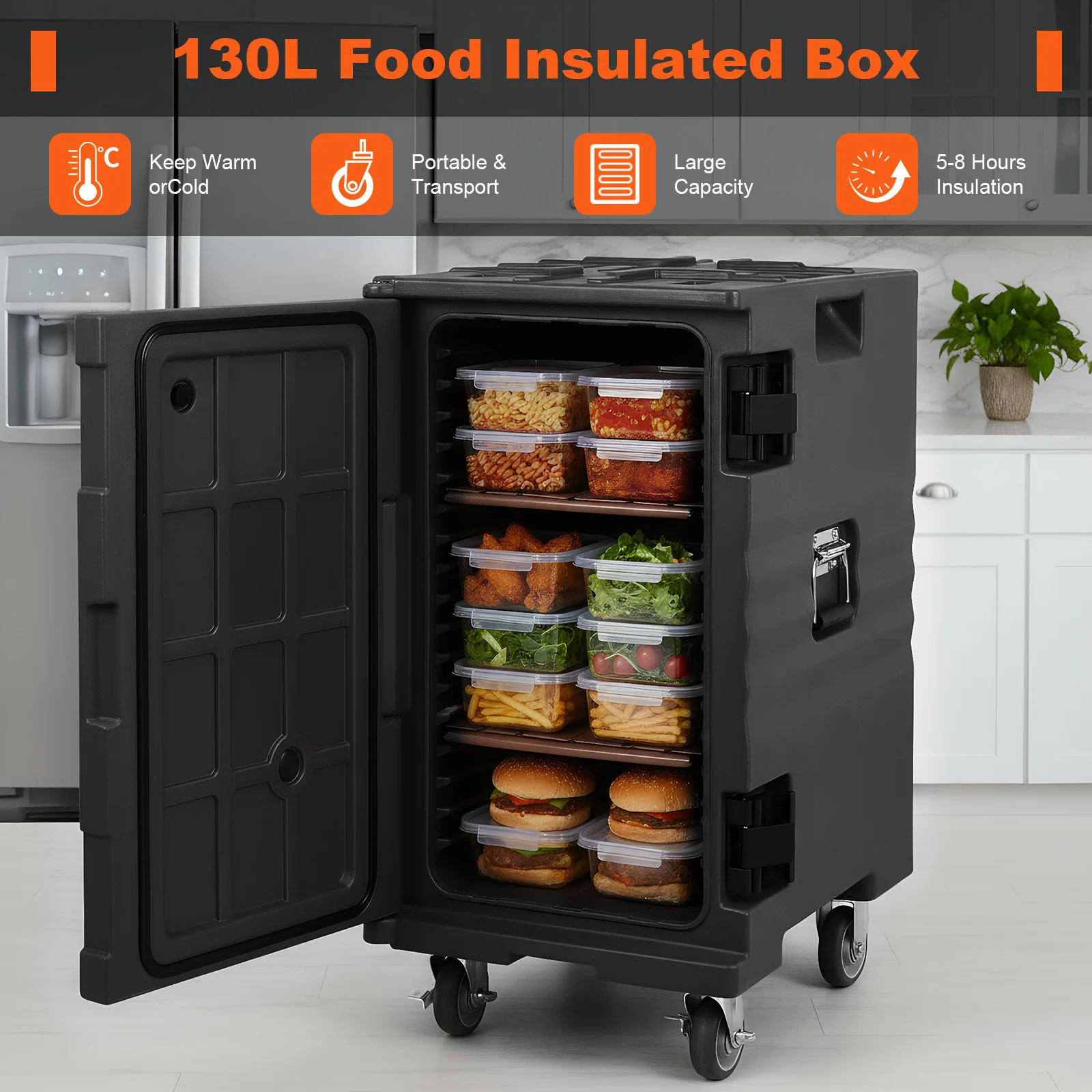 

118QT Insulated Food Pan Carrier Front Loading Food Warmer with Wheels W/Handles for Catering Restaurant Canteen Family Party
