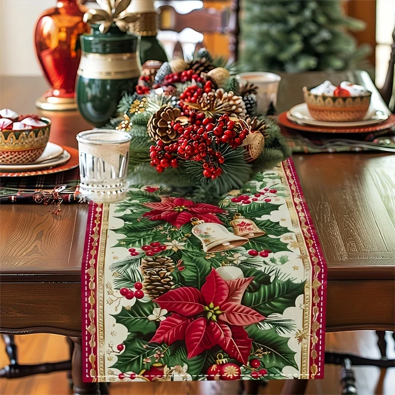 Christmas Table Runner, Poinsettia Bell Pine Cone Print, Farmhouse Table Runner for Dining Mantel, Xmas Party Table Decor