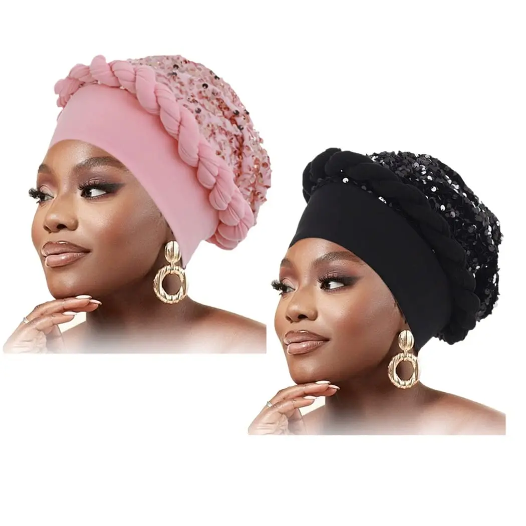 Women's African Turban Head Wraps Sequins Beanie Cap Head wrap Pre Tied Braid Head Cover Cap Headwear for Black Women