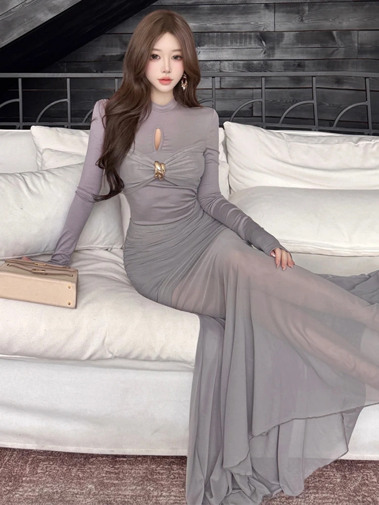 Vestido de noche ajustado de manga larga de tul gris para mujer, vestido de noche con nudo recortado, dobladillo de sirena, elegante, de lujo, para fiesta de graduación