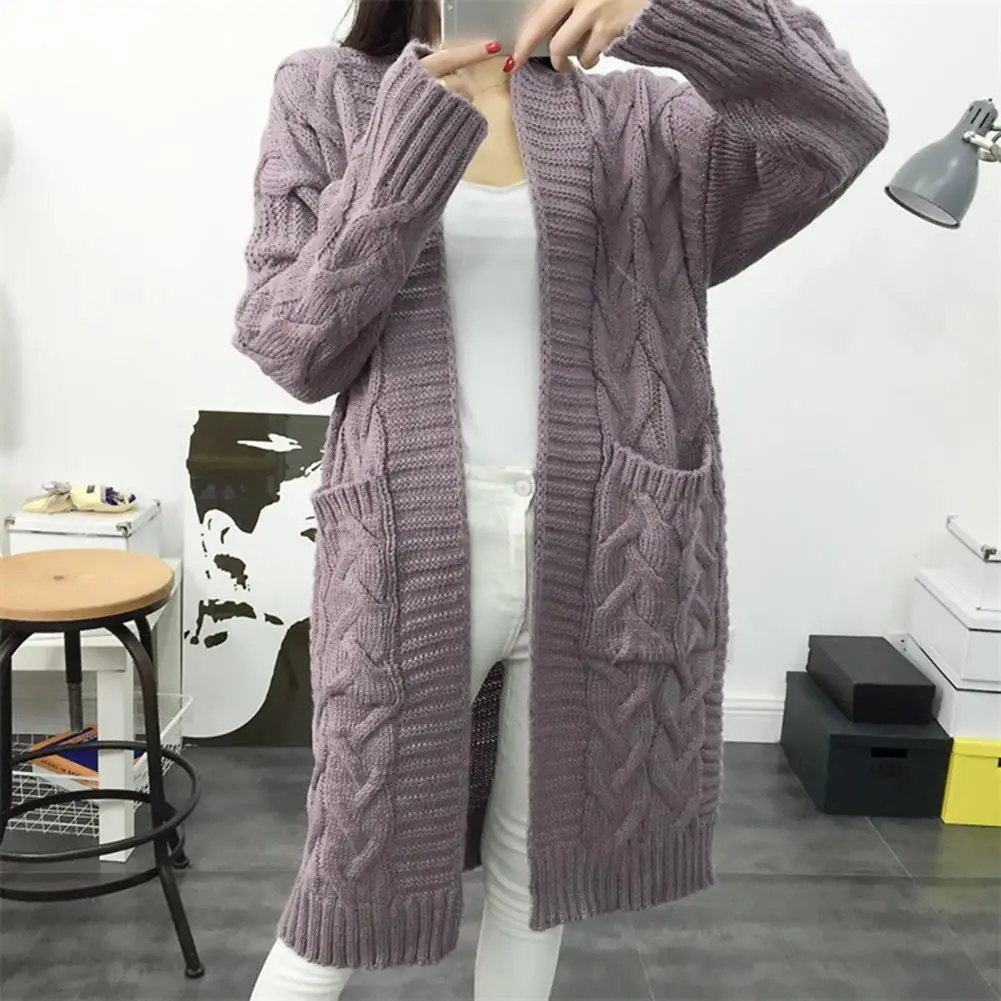 

Autumn Winter Cardigan Cozy Women's Knitting Cardigan with Pockets Long Sleeve Ribbed Trim Open Front Sweater Coat Mid-length