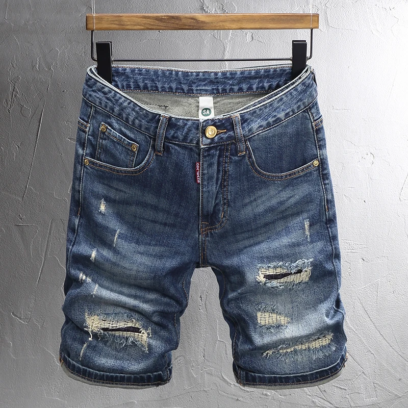 

Fashion Summer Men Jeans Retro Washed Blue Stretch Slim Fit Ripped Jeans Shorts Hole Patched Designer Vintage Denim Shorts Men