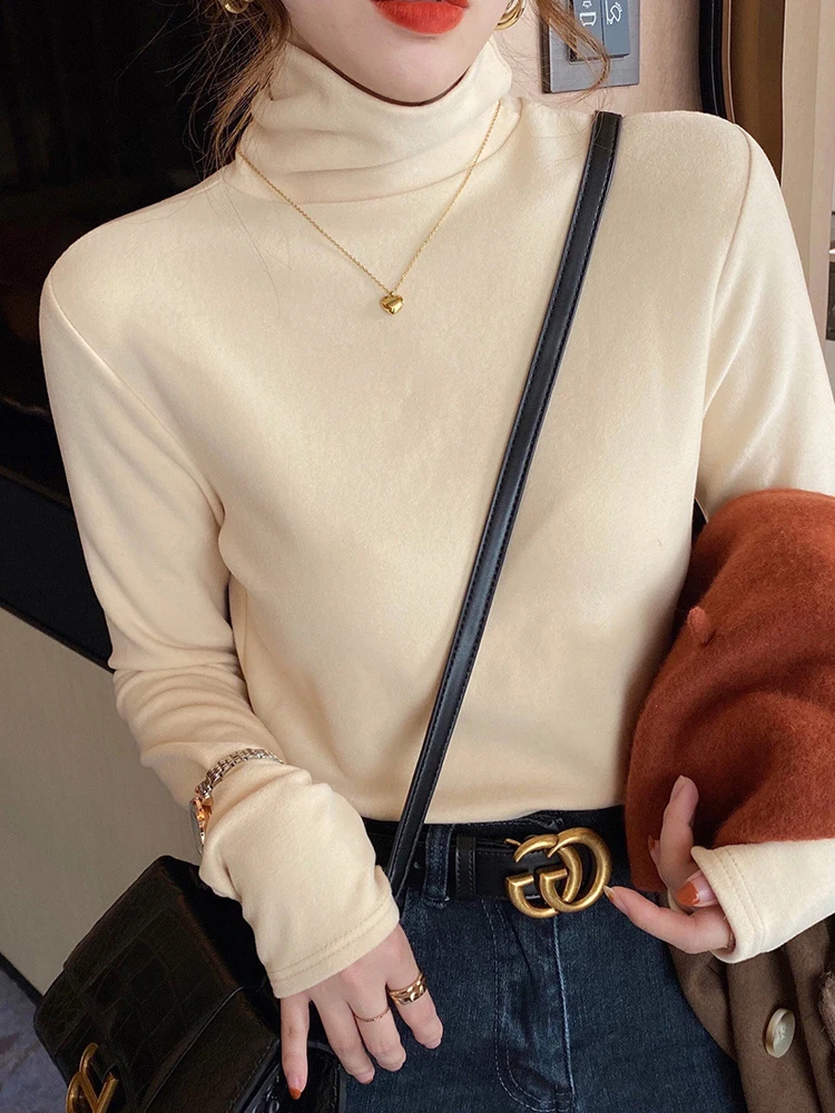 1Pc Double-Sided Fleece Turtleneck Tops Women Winter Thickened Warm Soft Thermal Base Layer Tops Fashion Close-fitting Underwear