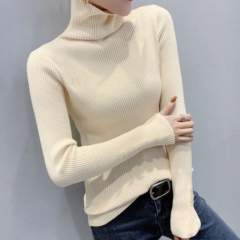 Autumn Winter Female Korean Diamonds Spliced Solid Sweaters Casual Fashion Long Sleeve Turtleneck Knitted Tops Women\'s Clothing