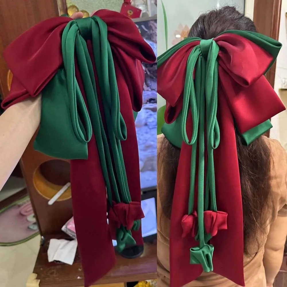 

Alloy Oversized Bow Hair Clip Contrast Color 4-layer Satin Ribbon Headdress Versatile Sweet Christmas Hair Accessory Girls
