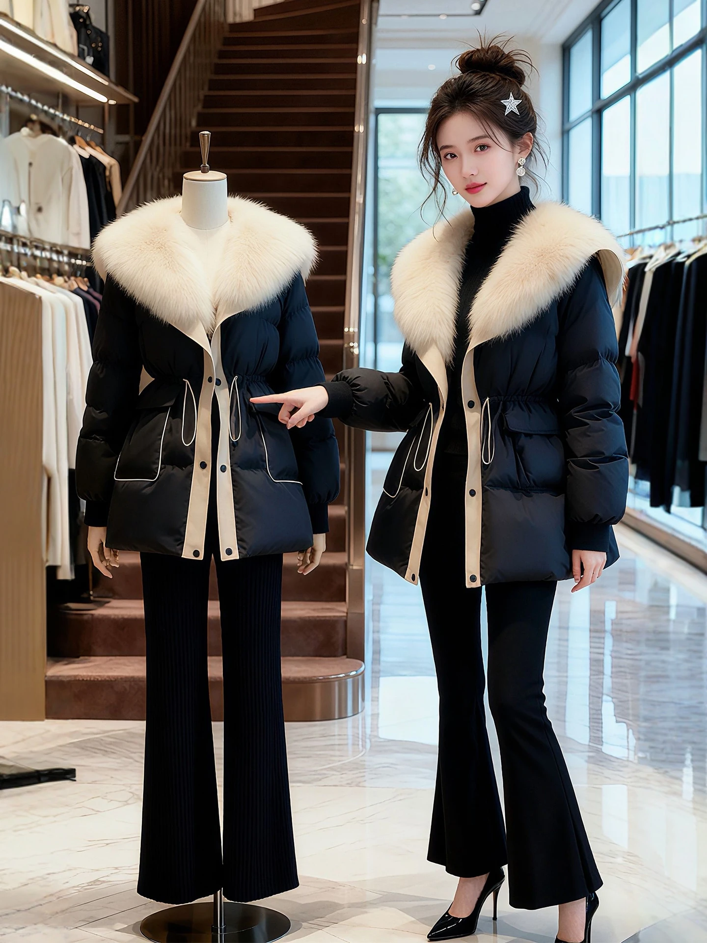 

Thiened Medium-Length down Cotton Jaet Women's Winter Coat Large Fur Collar Loose Fit Warm Cotton Clothes for plus Size