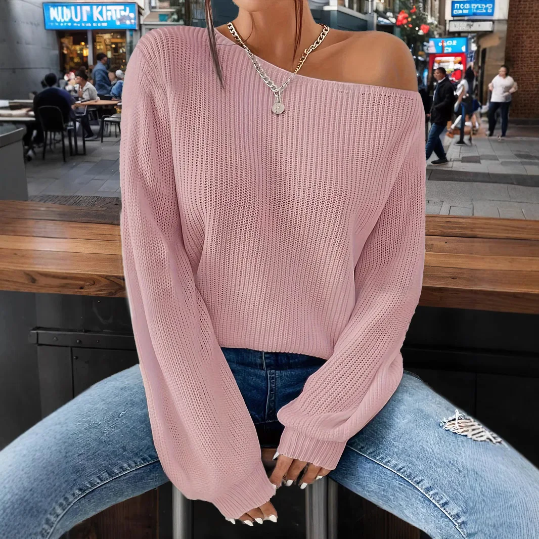 

Women Knitted Pullovers Jumpers Solid Sweaters Slash Neck Long Sleeve thin Loose fit Office Lady Elegant Casual Autumn 2025