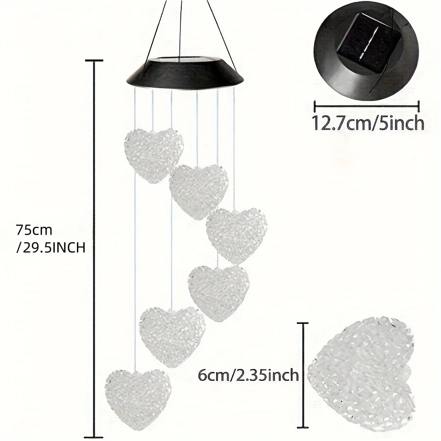 1PC Solar LED Wind Chime Colorful Heart-Shaped Hanging Lamp Outdoor Garden Landscape Decor Festive Christmas Lighting