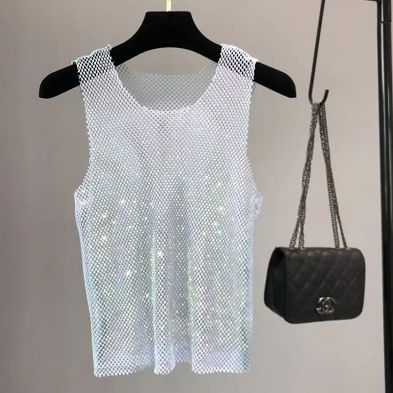Herren Tanktop aus Netzstoff mit Strasssteinen, durchsichtiges Netzoberteil, glitzerndes Diamant-Design, sexy, figurbetont, ideal für Bodybuilding, Festival, Rave, Y2K-Outfit. – Detail 6