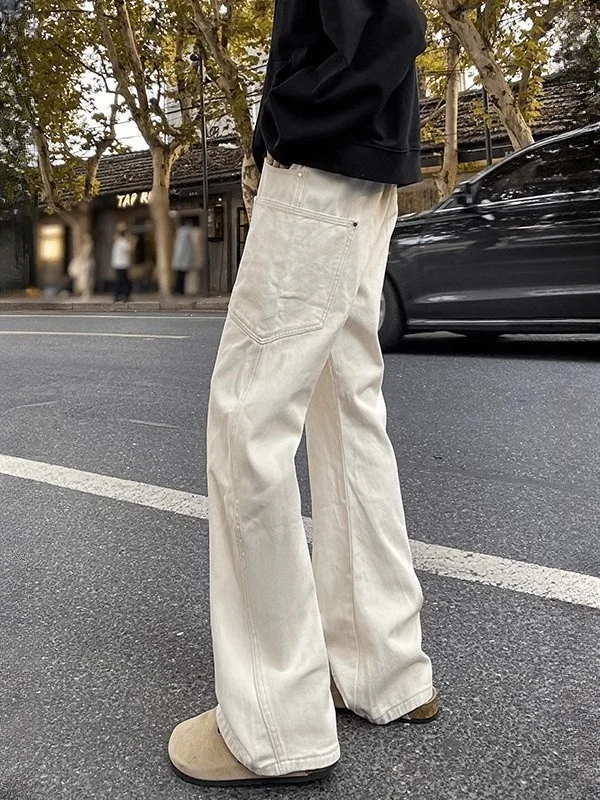 

Мужские джинсы цвета хаки для работы, весна-осень, свободные прямые брюки с большими карманами, стильный дизайн, модный бренд, прочный деним