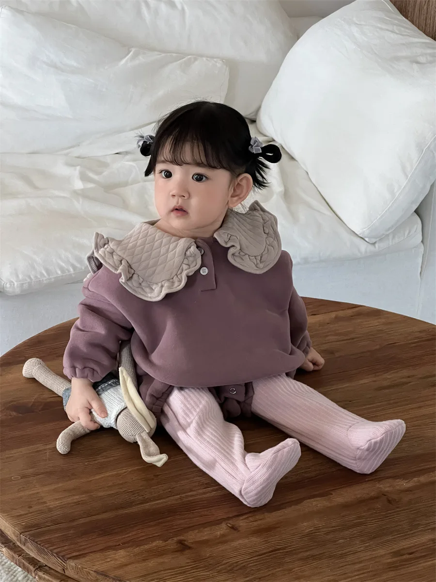 2024 Winter New Baby Girl Plus Velvet Thick Bodysuit Long Sleeve Newborn Toddler Cute Lapel Fleece Jumpsuit Solid Infant Clothes