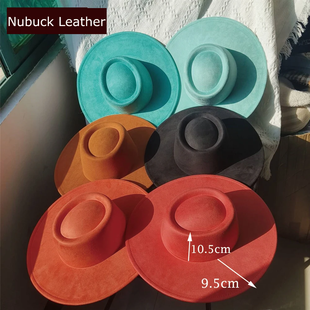 Nubuck Leather Suede Fedora Hat for Women Men Flat Top Woolen Top Hat Autumn Winter Wide Brim Luxury British Style Hat New Cyan