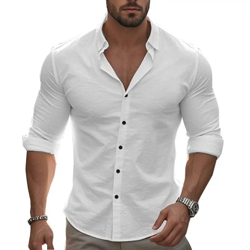 

New 2025 Casual Pure Cotton Long Sleeve Beach Shirt Male Ordinary Tie Button Collar Top Spring Season Non-iron Treatment