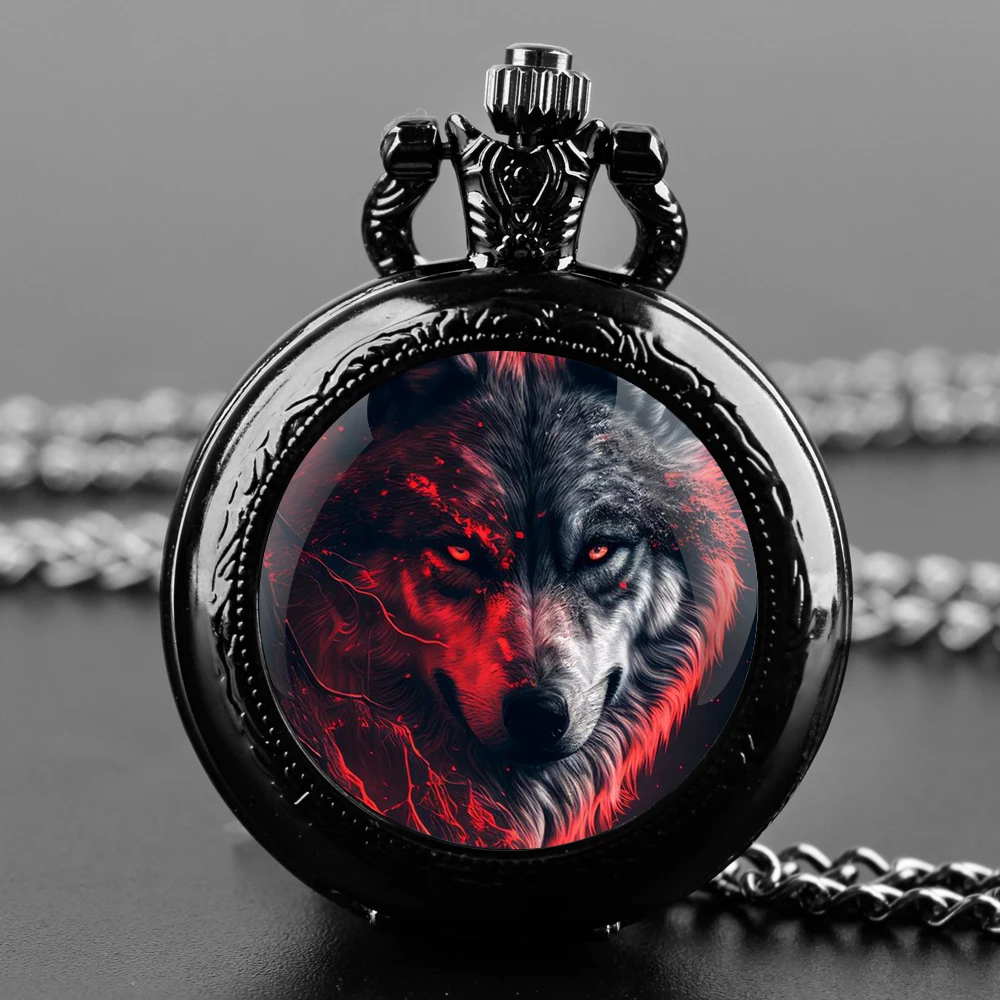 Delicate Gifts Quartz Pocket Watch Dark Wolf Design Glass Dome Necklace Pendant Clock for Mens Womens