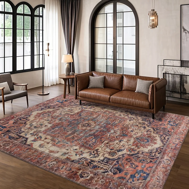 VIKAMA Vintage Warm Red Brown Persian Carpet Non Slip Washable Large Rug For Living Bedroom Dining Room Hallway Retro Home Decor