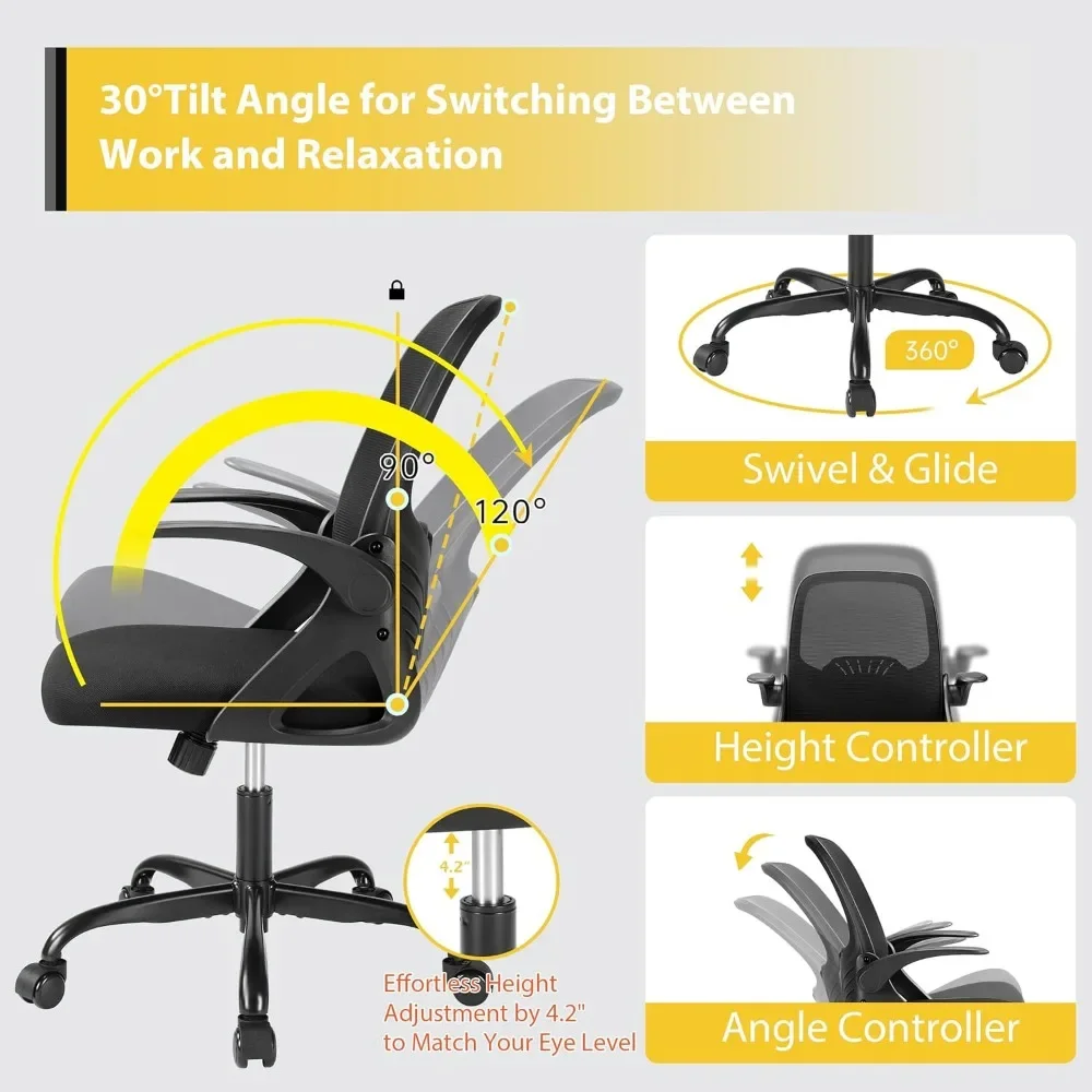 Mid-Back Ergonomic Office Chair - Comfortable Mesh Computer Chair with Wheels Comfy Swivel Task Chair with Flip-up Arms & Lumbar