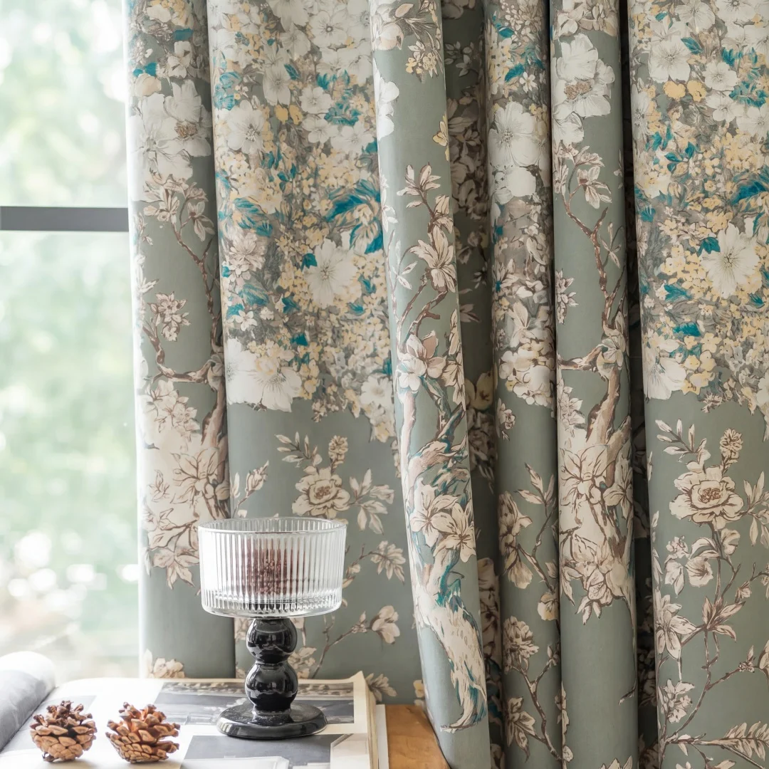 1PC Cream Sketch American Country Cross-Border Curtain, High Privacy Fabric, Living Room Bedroom Bay Window, Elegant Material