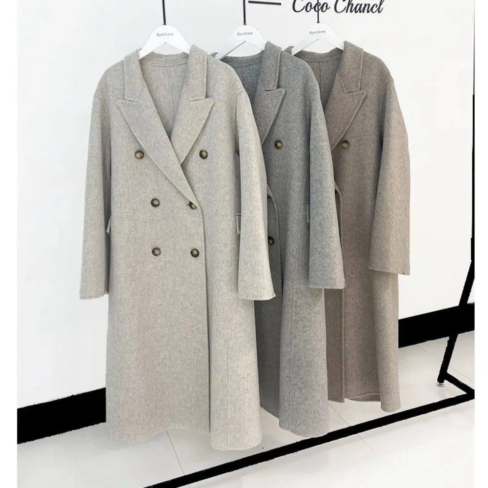 2024 Autumn Winter New Drouble Breasted Woolen Coat Women Tailored Collar Long Loose Woolen Jacket Female Casual Fashion Korean