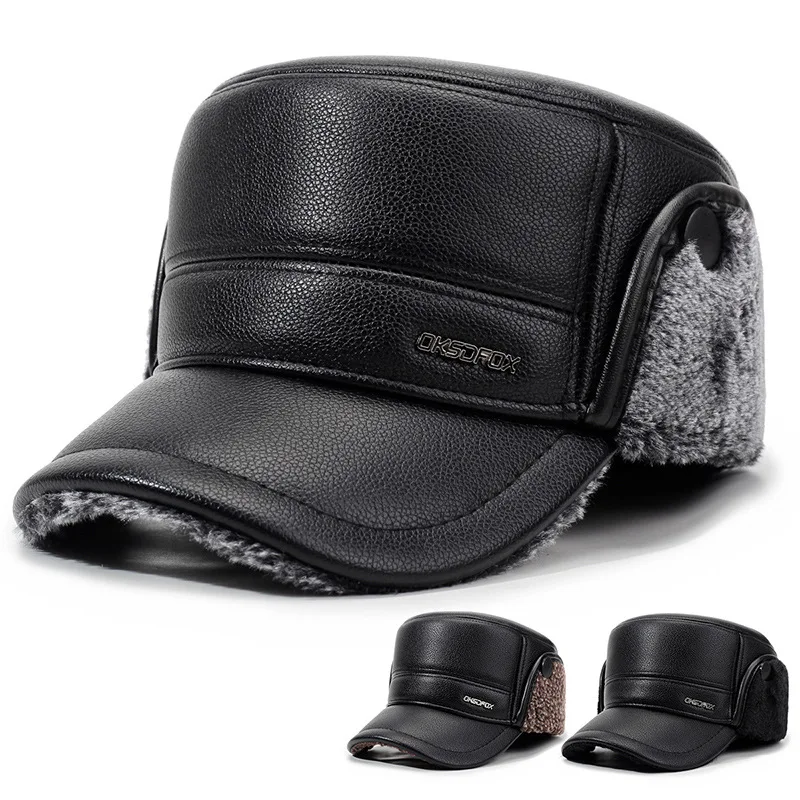 Herren-Baseballmütze aus Leder mit flachem Oberteil, warme Ohrenmütze für ältere Menschen im Herbst und Winter, verdickte, mit Fleece gefütterte kalte Mütze