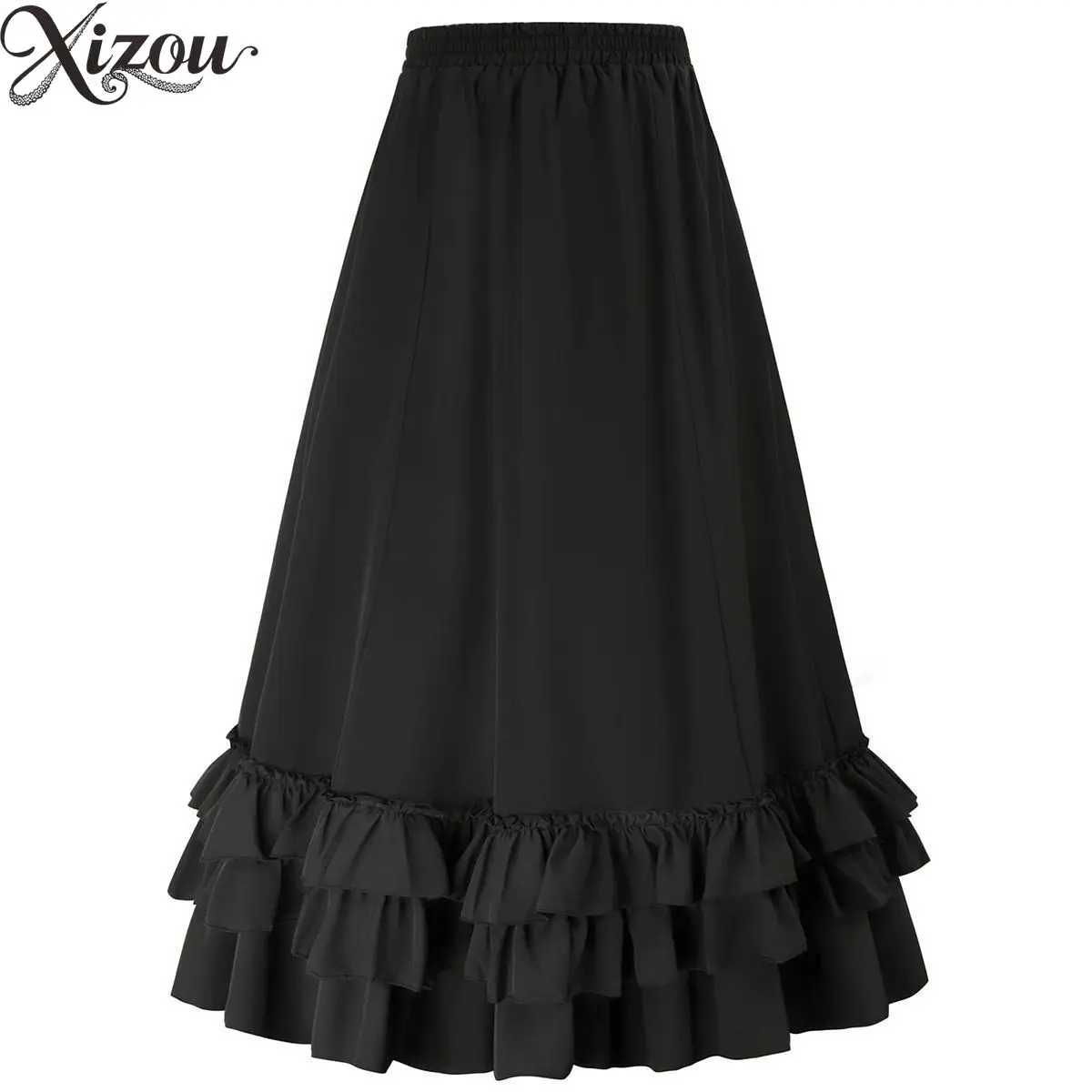 Women Black Elastic High Waist Long Maxi Skirt Tiered Ruffle Hem A Line Gothic Victorian Steampunk Medieval Vintage Bottom 2026