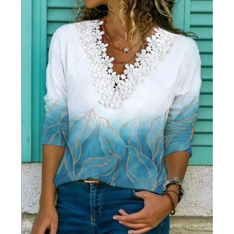 Autumn Women's Lace V-neck Casual Floral Loose T-shirt Pullover Long Sleeved Fresh And Sweet Style Elegant And Atmospheric Top