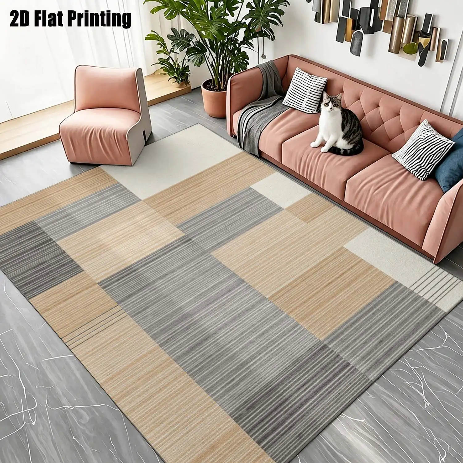 1Pc 2D Printed Beige Geometric Striped Nordic/Instagram-Style Modern Minimalist Carpet, Home Decor Floor Mat, Multiple Sizes, Machine-Washable, for Entrance, Dining Room, Foyer, Bedroom, Living Room