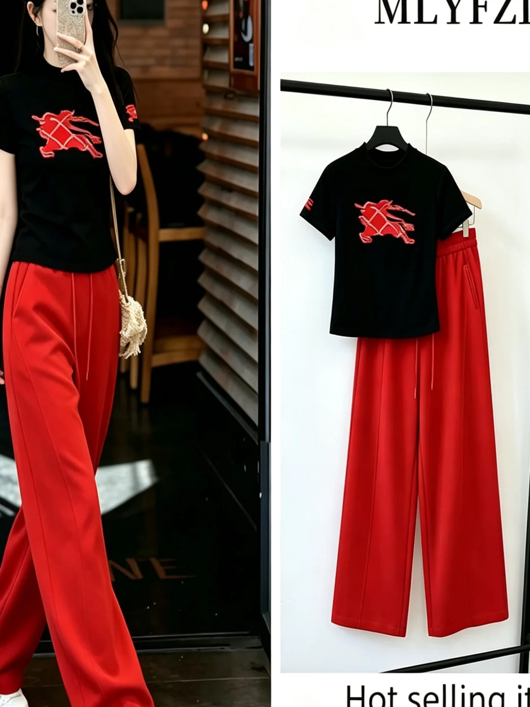 Casual Sportswear Set Women Summer New Style Complete Korean Age-Defying Short Sleeve Wide Leg Pants Two-Piece Set