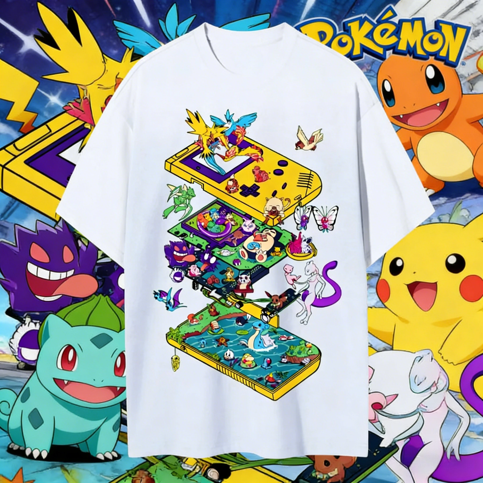 2026 Zomer Pokemon Retro Game Console Cartoon Print T-shirt, 100% katoen losse T-shirt voor koppels en gezinnen voor reizen, spelletjes en sport - afbeelding 2