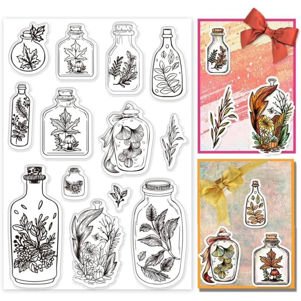 1Sheet Fall Maple Leaf Clear Stamps Autumn Bottle Rubber Stamp Leaves Jar Clear Stamp Cards 6.3x4.3 inches