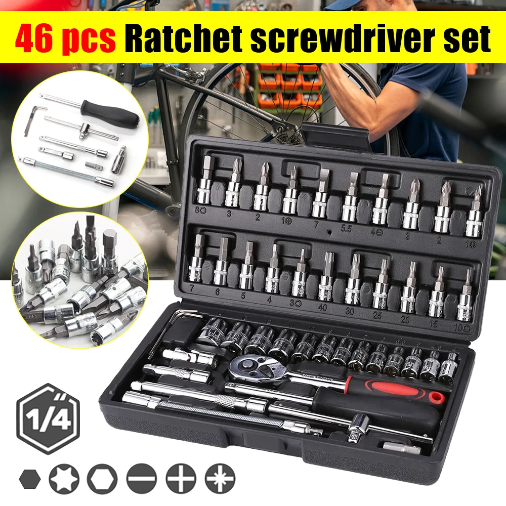 

46pcs 1/4-Inch Socket Set Car Repair Tool Ratchet Torque Wrench Combo Car Repair Tool Kit Auto Repairing Set Mechanic Tool