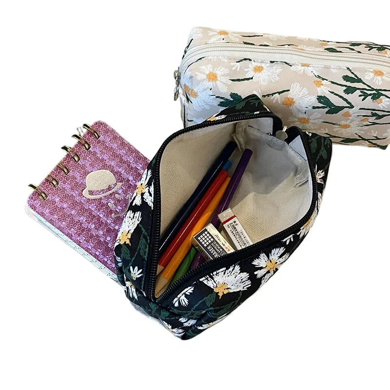 

Kawaii Floral Embroidery Pencil Pouch Canvas Zipper Pen Case Portable Stationery Storage Bag Back to School Supplies