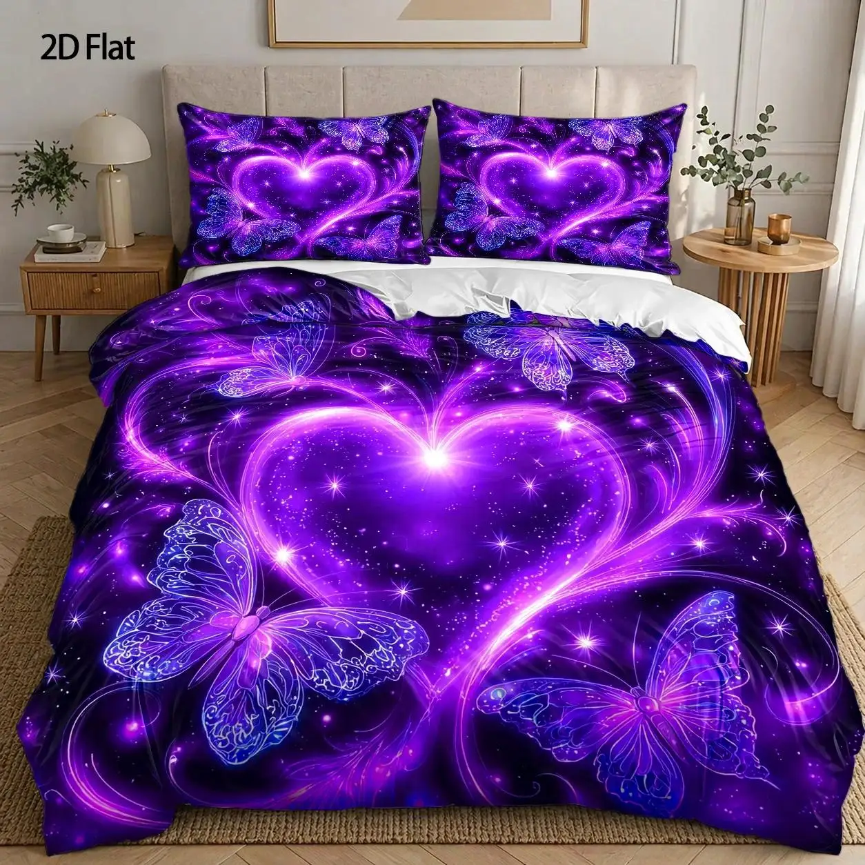 3-Piece Quilt Cover Set, 1 Quilt Cover + 2 Pillowcases (Without Filling) 2D Flat Printing, Purple Butterfly and Heart-Shaped Theme, Dreamy Abstract Style, Chinese Valentine's Day, Romantic Home Decor, Three-Piece Quilt Cover Set, Suitable for All Seasons, Machine Washable, Invisible Zipper, Suitable for Home, Dormitory, Master Bedroom, Guest Room