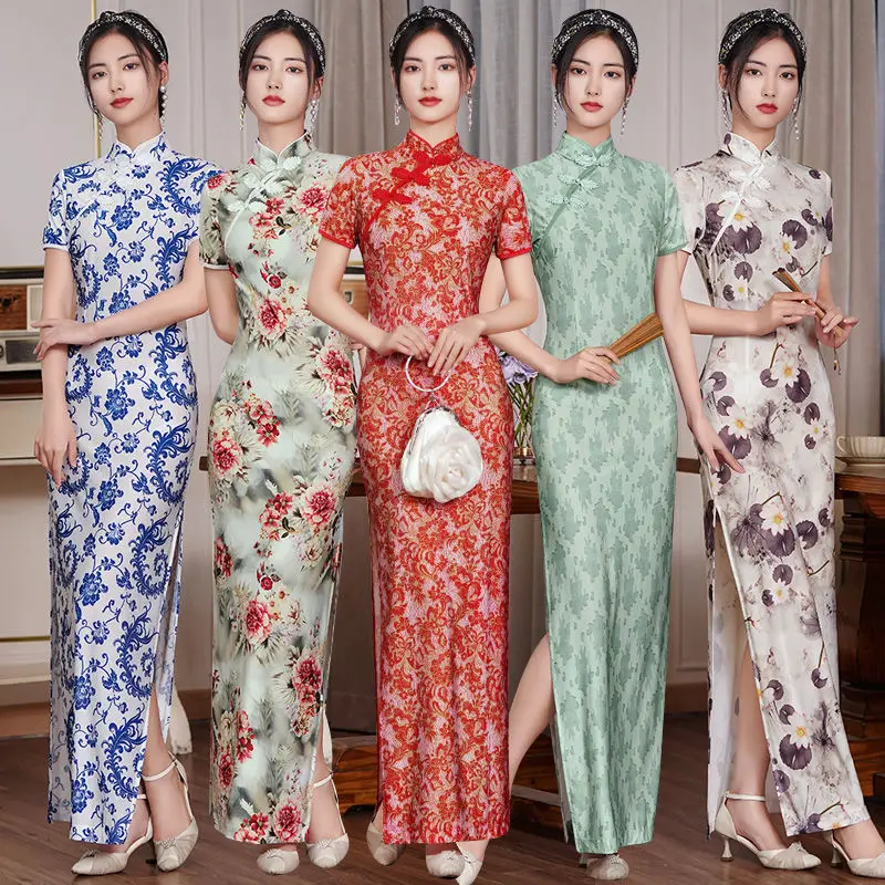 

Women Dress Chinese Style Vintage Cheongsam Female Slim Qipao Half Sleeve Long Dress S To 5XL