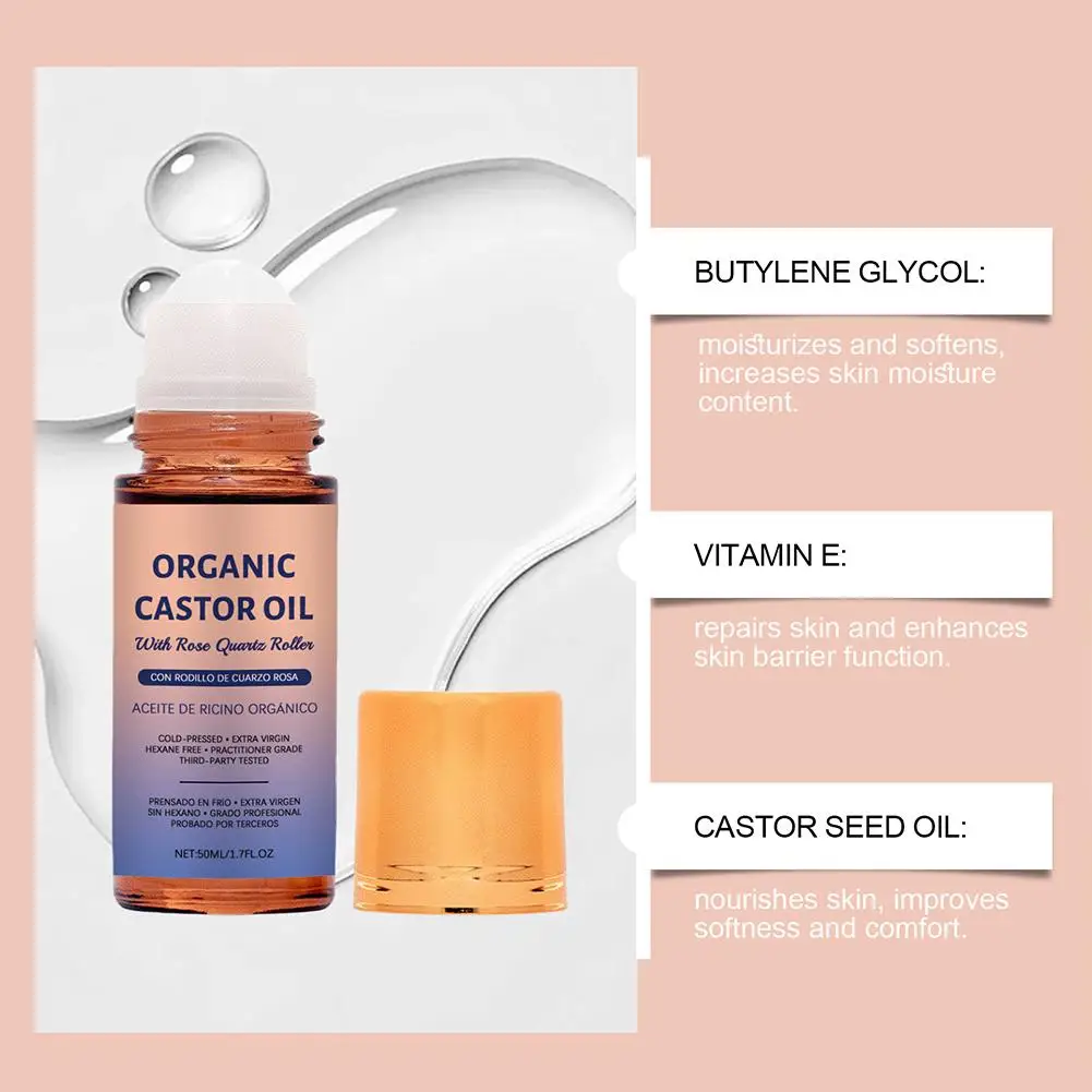 Organic Castor Oil With Rose Quartz Roller Hair Body Care Oil 50ml Repair Nourish Skin Original Portable Daily Massage Solution