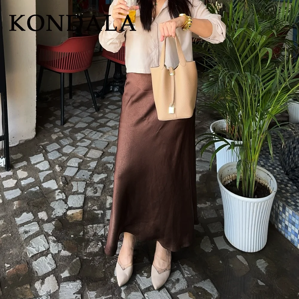 KONDALA 2026 Spring Summer Brown Satin Women Skirts Chic Elegant Prom Ladies Skirts Valentine‘s Day Beach Party Girls Skirts
