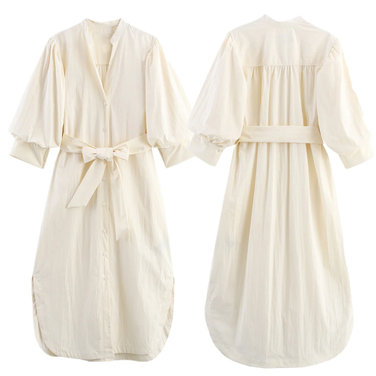 

Maxdutti Woman Clothes Minimalist Vintage Puffed Sleeve Beige Long-sleeved Dress For Women Dress Elegant Party Dresses Womens