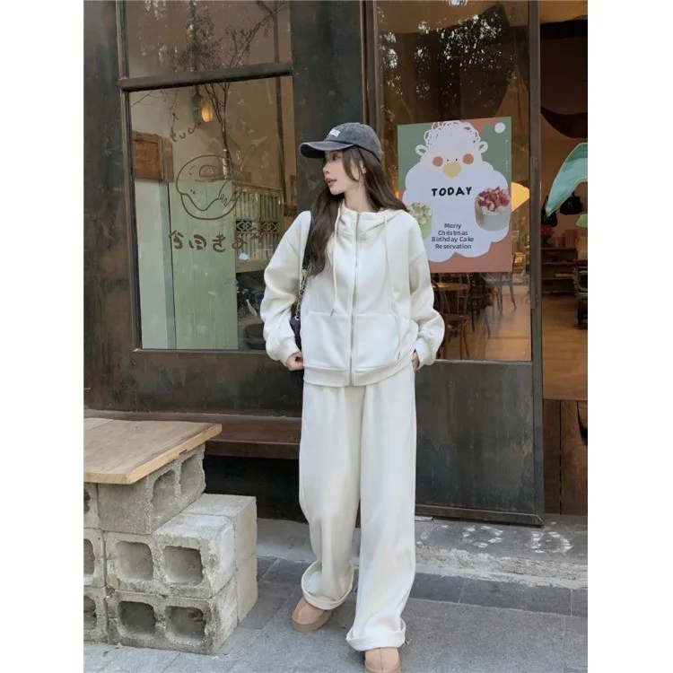 

2025 зимние женские брюки на молнии или Jaet Fce на подкладке, широкие брюки с капюшоном, комплект повседневного костюма из двух предметов для поездок на работу Sle Faion