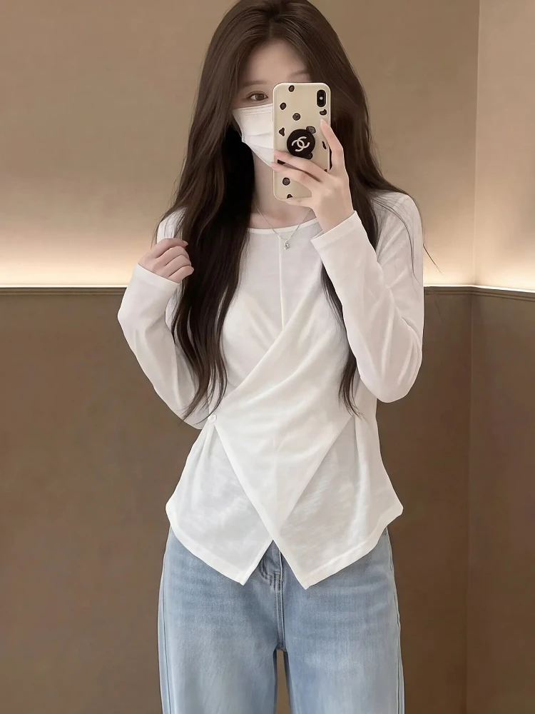 Elegant Thin Long Sleeve T-Shirt Breathable Light Weight French Style Cotton Polyester Blend High Waist round Neck Top for Women