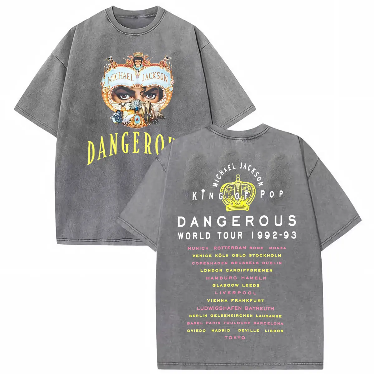Vintage Washed King of Pop Michael Jackson Dangerous World Tour T Shirts Men Women Harajuku Hip Hop Casual Short Sleeve T-shirts view 2