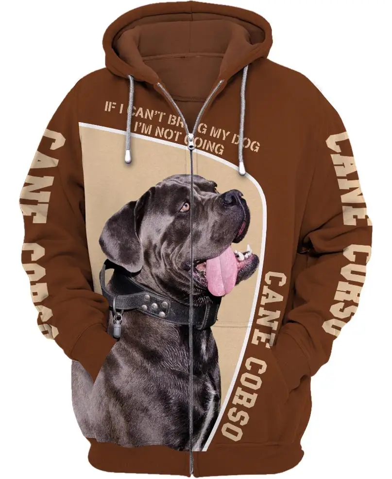 Nova coleção de roupa masculina: moletom com capuz e zíper, estampa 3D de cachorro Cane Corso, jaqueta casual de manga comprida com zíper completo, sw