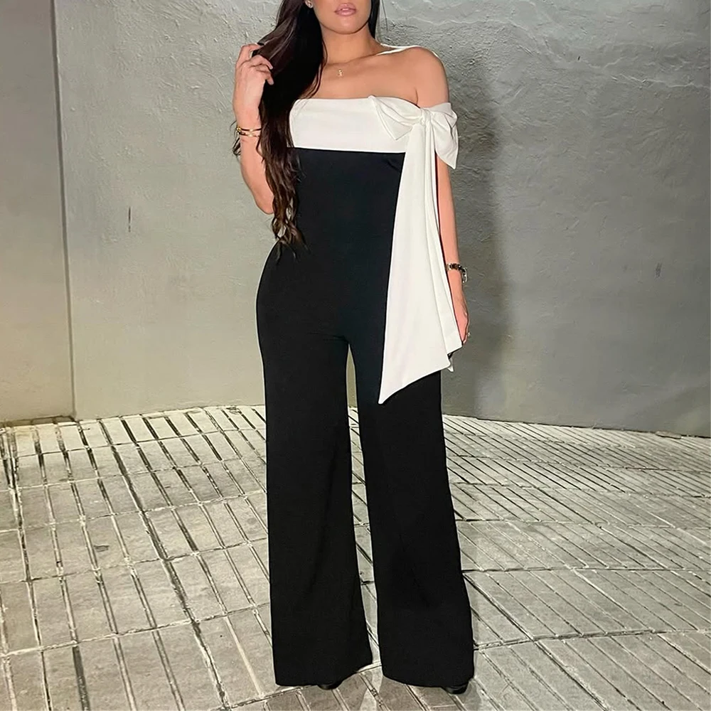 

Jumpsuits Spring Summer Fashion Elegant Bowknot Contrast Color Off Shoulder Strapless Full Length Jumpsuits For Women