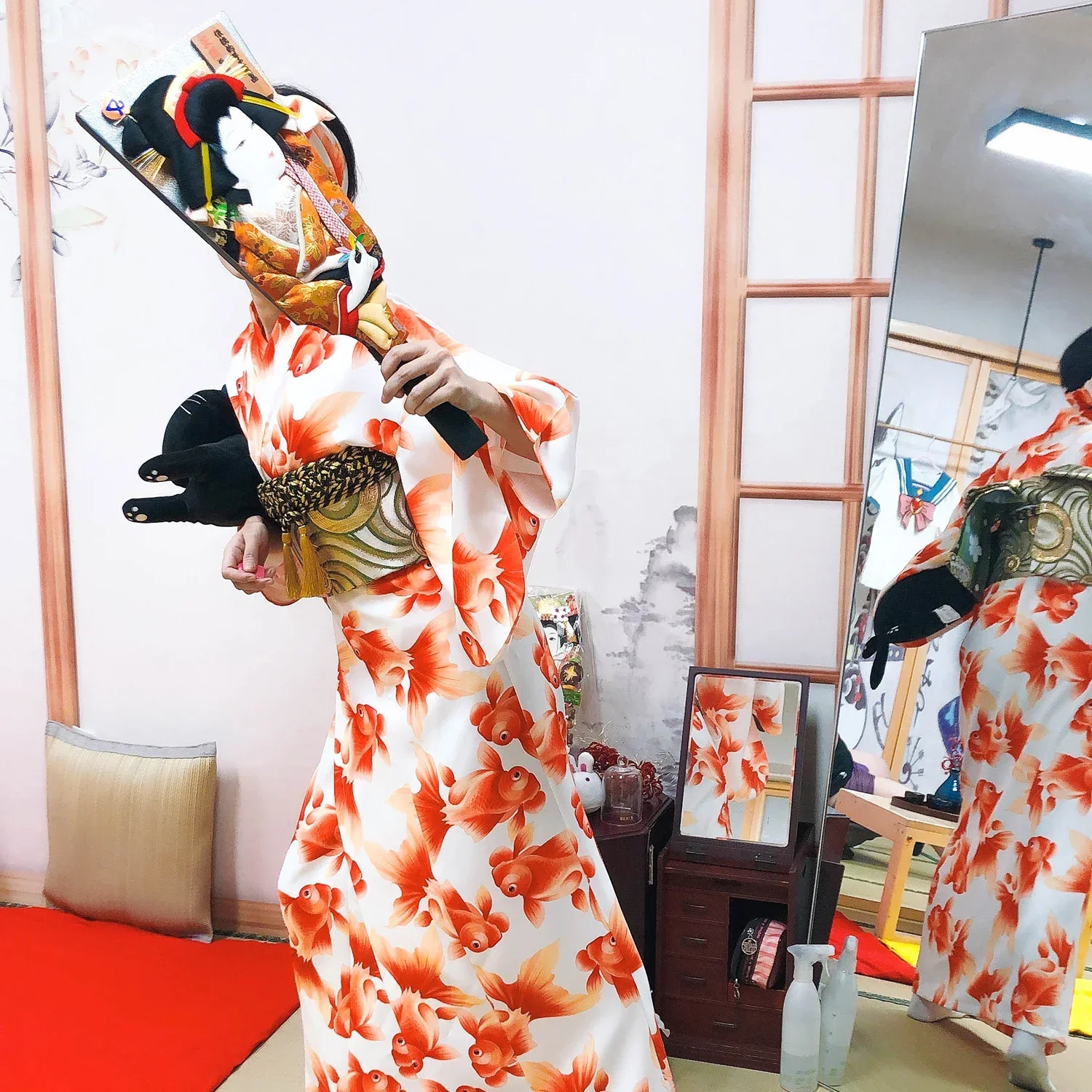 

Japan Style Women's Traditional Kimono with Obi Summer Yukata Goldfish Prints Photography Dress Cosplay Costume