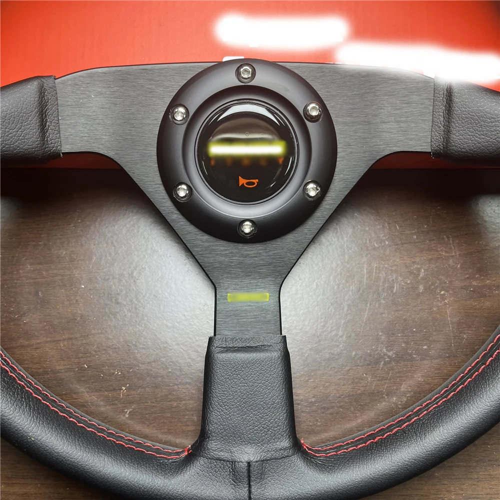 14 inch Genuine Leather Steering Wheel MOMO Racing Universal Black Steering Wheel Red stitching