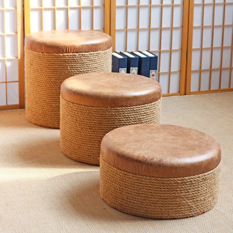 

Household small stool, shoe changing stool, seat pier, hemp rope, futon, round solid wood short pier