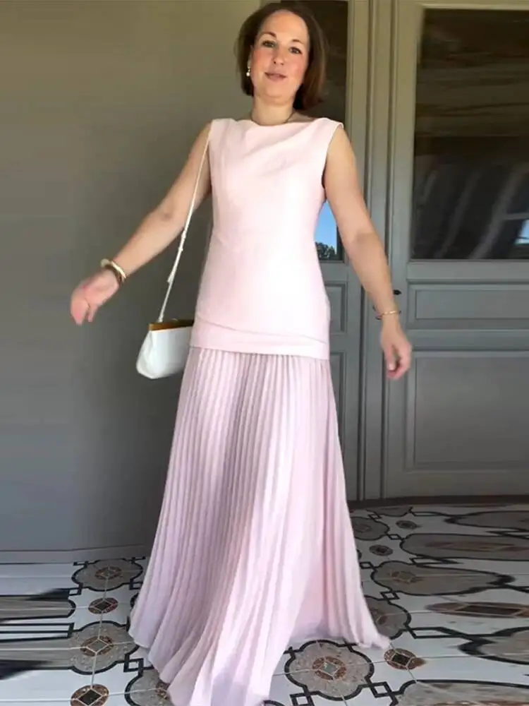 

Elegant Patchwork Pleated Dress Women Summer Sleeveless Boat Neck Party Dresses Female 2025 Fashion Evening Long Robe Lady