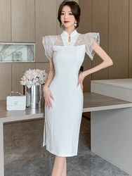 2024 White Patchwork Ruffled Mesh Luxury Dress Women coreano Party Vestidos primavera estate abiti eleganti per occasioni ufficiali