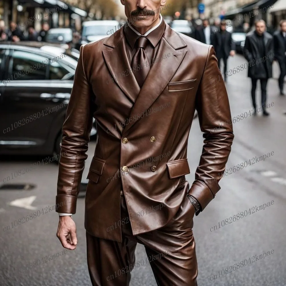 New Brown Satin Men Suit Formal Groom Groomsman Wedding Party Prom Male Business Tuxedos 2 Piece Set Blazer Pants